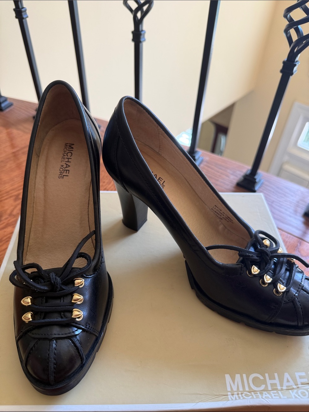 MICHAEL Michael Kors Black Leather Lace-Up Block Heel Pumps with Gold Hardware
